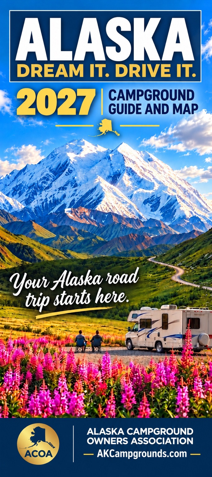 Printed Alaska campground map and guide open on a wooden table